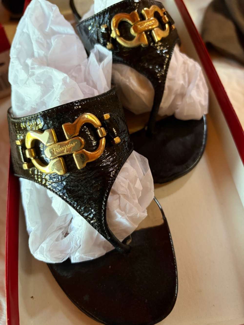 Salvatore Ferragamo Black Leather Thong Sandals with Gold Gancini